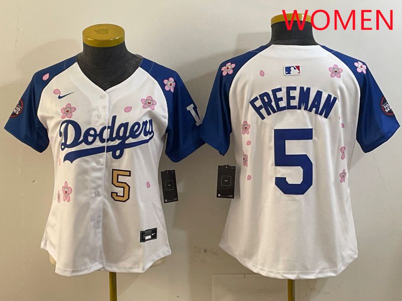 Women Los Angeles Dodgers #5 Freeman White Blue Sakura Edition 2025 Nike MLB Jersey style 6